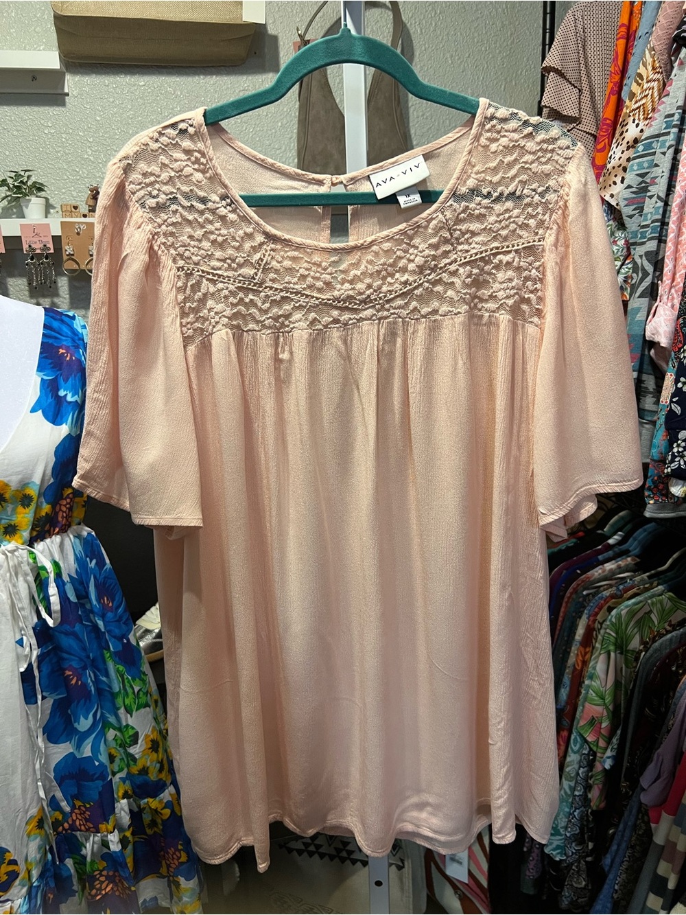 Ava & Viv Light Blush Embroidered Flutter Sleeve Top